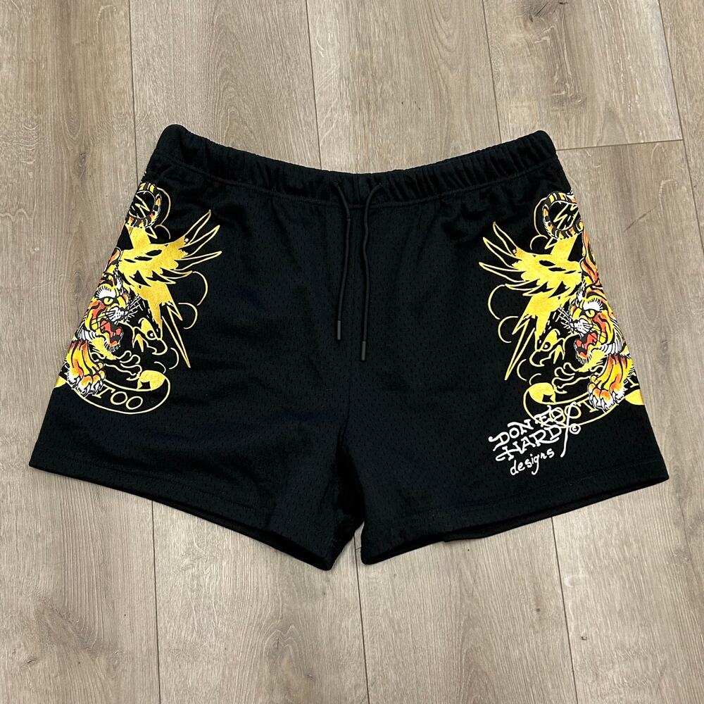 Ed Hardy Crawling Tigers black mesh shorts size Large L B24 - Picture 1 of 6